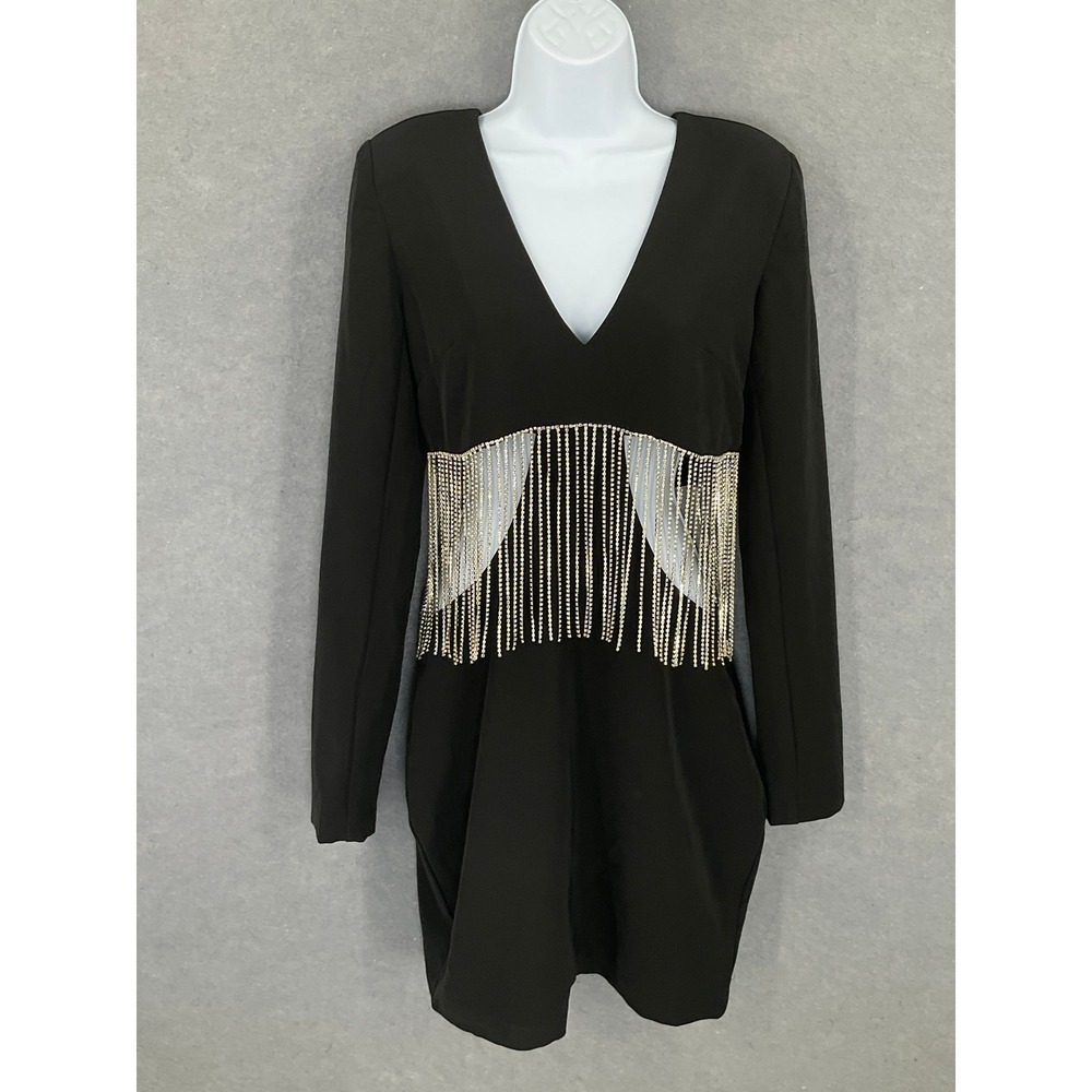 Forever 21 Black‎ Rhinestone Fringe Party Dress Womens M V-Neck New Year's READ